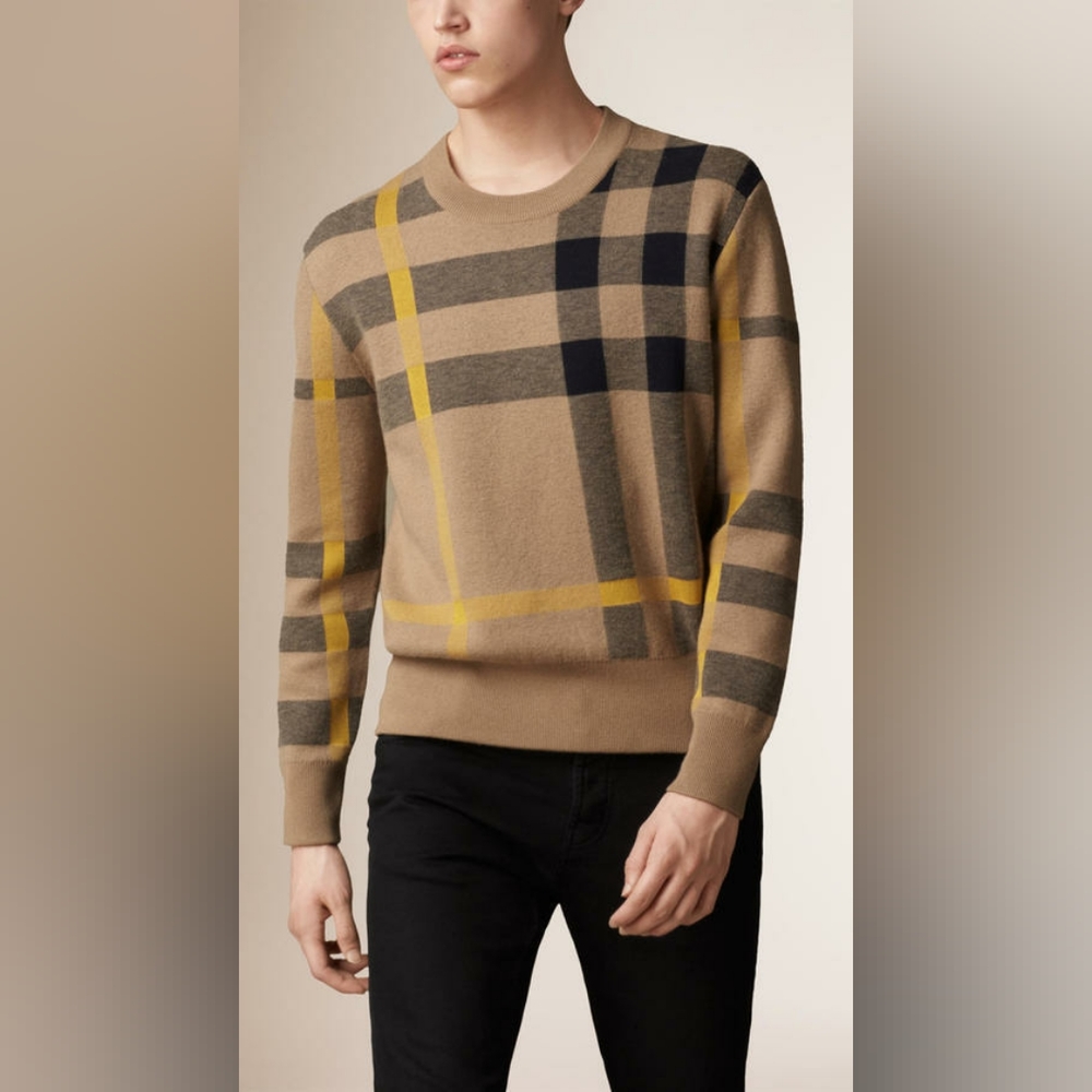 BURBERRY CHECK PLAID COTTON AND WOOL BLEND CREW- NECK SWEATER PULLOVER